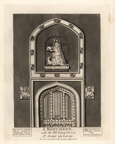 Nagrobny wizerunek Alicji, córki Szymona Stewarda, ze starymi drzwiami zakrystii w St Mary le Savoy autorstwa John Thomas Smith