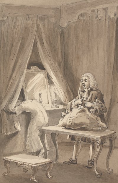 Hogarth po tym, jak jego żona włożyła nową koszulę nocną, zawiązuje swoje rzeczy, aby wysłać je do Sir Jamesa Thornhilla z listem, w którym powiedział mu: „Zabrał swoją córkę bez fartucha do jej A-e autorstwa John Thomas Smith