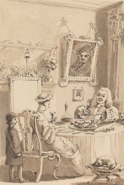 Hogarth pijący pierwszy kieliszek wina z żoną - ich psy zachowujące pełen szacunku dystans autorstwa John Thomas Smith