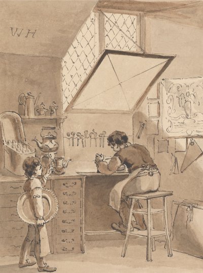 Hogarth graweruje znak anioła na afiszu swojego pana autorstwa John Thomas Smith