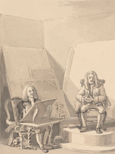 Hogarth wymyślający portret H. Fieldinga dla księgarza na podstawie cech Garricka, który pożyczył jedną z peruk autora w określonym celu, ponieważ nie ma jego prawdziwego portretu autorstwa John Thomas Smith