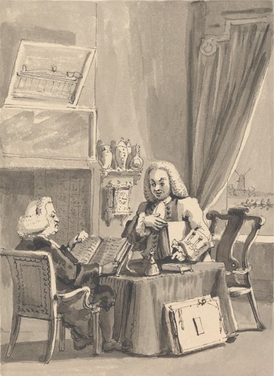 Hogarth prosi swojego patrona, biskupa Hoadleya, o przejrzenie jego stwardnienia rozsianego. „Analiza piękna” autorstwa John Thomas Smith