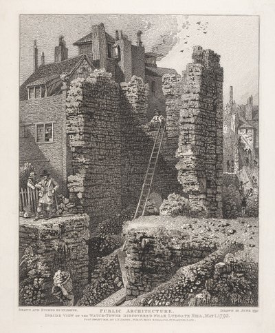 Widok wnętrza wieży strażniczej odkrytej w pobliżu Ludgate Hill, 1 maja 1792 autorstwa John Thomas Smith