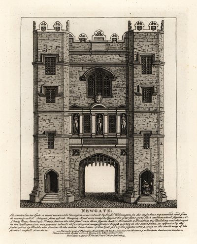 Newgate, przebudowany w 1672 po pożarze Londynu, z trzema postaciami Sprawiedliwości, Męstwa i Roztropności z dawnej bramy zbudowanej przez burmistrza Londynu Richarda Wittingtona autorstwa John Thomas Smith
