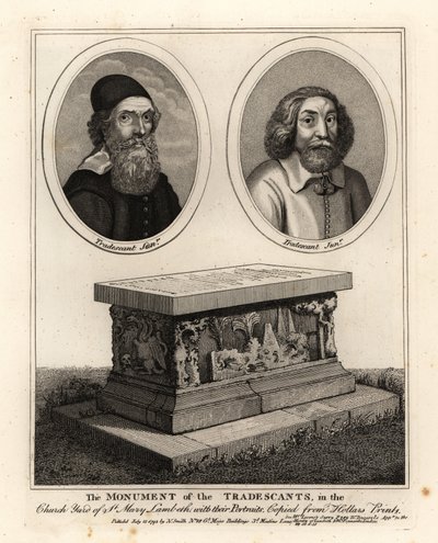 Owalne portrety przyrodników i kolekcjonerów Johna Tradescanta Starszego i Młodszego oraz ich pomnik nagrobny na dziedzińcu kościoła St Mary Lambeth autorstwa John Thomas Smith