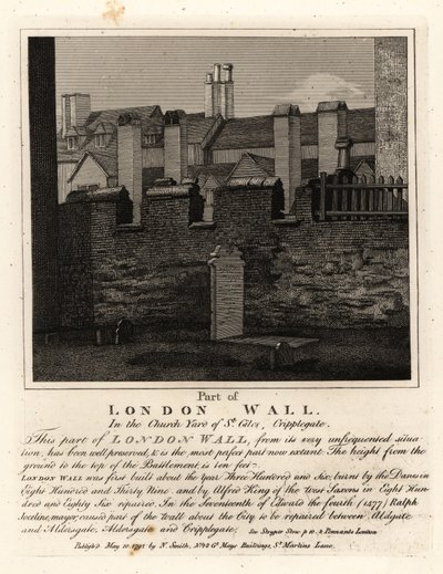 Część starożytnego muru londyńskiego na cmentarzu St Giles, Cripplegate, Londyn autorstwa John Thomas Smith