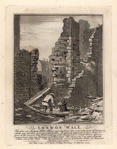 Ruiny rzymskiego muru londyńskiego odsłonięte przez pożar w maju 1792 r. na wzgórzu Ludgate autorstwa John Thomas Smith