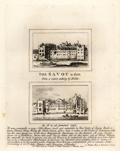 Szpital Savoy w 1650 r. z ryciny Wacława Hollara i w ruinach w 1792 r. autorstwa John Thomas Smith