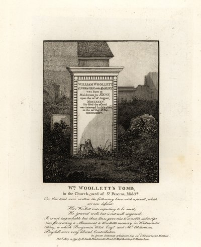 Grób królewskiego rytownika Williama Woolletta, zmarłego w 1735 r., na cmentarzu w St Pancras, Middlesex autorstwa John Thomas Smith