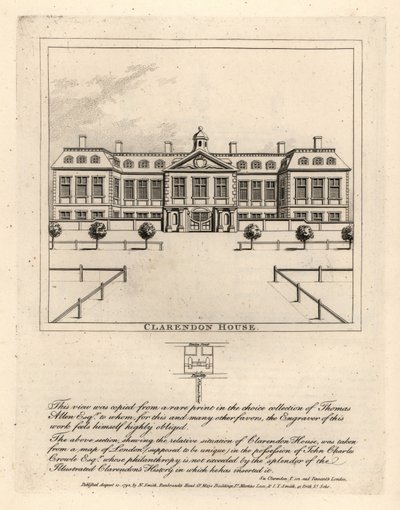 Widok Clarendon House od strony St James’ Street, z rzadkiej grafiki w kolekcji Thmoasa Allena autorstwa John Thomas Smith