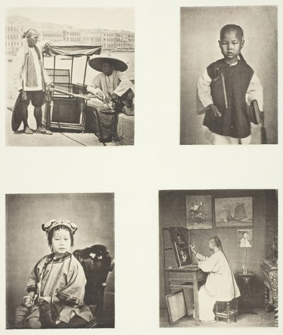 Krzesło sedan z Hongkongu, uczeń chińskiej szkoły, dziewczyna Chinka, artysta z Hongkongu, ok. 1930 r. 1868. autorstwa John Thomson