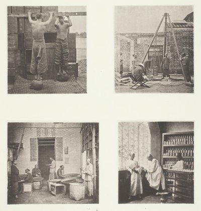 Herbaty z kaparami i proszkiem strzelniczym, Ważenie herbaty na eksport, Herbaciarnia..., ok. 1900 1868. autorstwa John Thomson