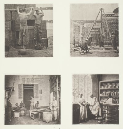 Walcowanie pachnących herbat Caper i Gunpowder; Ważenie herbaty na eksport; Herbaciarnia w Kantonie; Sala degustacji herbaty w Kantonie autorstwa John Thomson