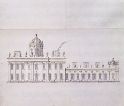 Castle Howard, Yorkshire: Schematyczny szkic ołówkiem przedstawiający rozwój skrzydeł dziedzińca, c.1699 (długopis i brązowy tusz oraz szare rozmycie) autorstwa John Vanbrugh