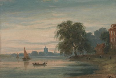 Widok wzdłuż Tamizy w kierunku Chelsea Old Church autorstwa John Varley