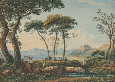 Odległy widok na zamek Harlech i Snowdon za nim, północna Walia autorstwa John Varley