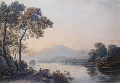 Figurki z psem nad brzegiem jeziora Killarney (akwarela) autorstwa John Varley