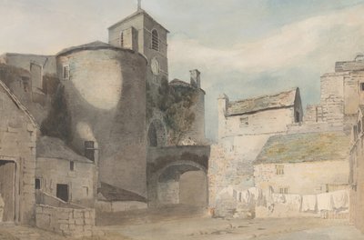Ufortyfikowane wejście do walijskiego miasta Wschodnia brama Caernarvon, ca. 1802. autorstwa John Varley I