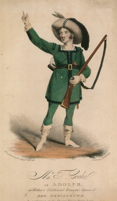 Mr T Cooke jako Adolph w słynnej operze romantycznej Der Freischutz Webera wystawionej w Theatre Royal Drury Lane autorstwa John W. Gear