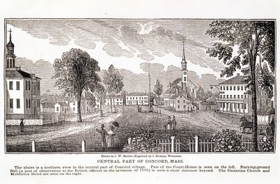 Centralna część Concord, z „Historical Collections of Massachusetts”, Johna Warnera Barbera, rytowana przez J. Downesa, 1839 autorstwa John Warner Barber