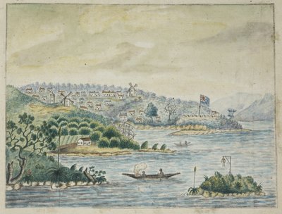 Dodać. 13880, f.79 Widok kolonii brytyjskiej. Na pierwszym planie tubylcy w canoe, z Dziennika przechowywanego na pokładzie transportu Minerva, z Irlandii do Nowej Południowej Walii i Bengalu, John Washington Price autorstwa John Washington Price