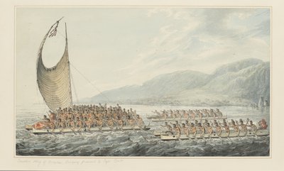 35: Tereoboo, król Owyhee, przynoszący kapitanowi Cookowi prezenty z serii akwareli ilustrujących ostatnią podróż kapitana Cooka, ok. 1773-84 (akwarela na papierze) autorstwa John Webber