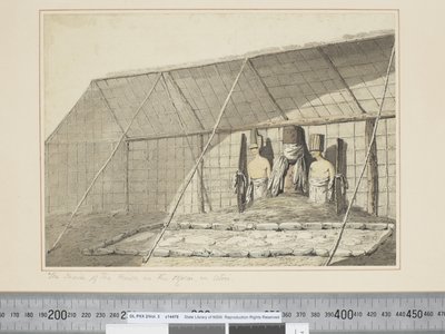 F.18 Wnętrze domu, w Morai, w Atooi, ok. 1773-84 (akwarela) autorstwa John Webber
