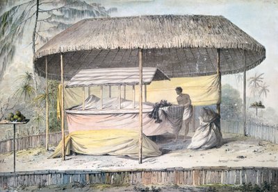 Pogrzeb ze zmarłym pod baldachimem, Tahiti, Society Islands, akwarela Johna Webbera (1750-1793) z opisu ostatniej podróży kapitana Jamesa Cooka (1776-1779), Polinezja autorstwa John Webber