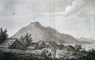 Wewnątrz hippa na wyspie Motuara, według rysunku Johna Webbera (1750-1793), z relacji z ostatniej podróży Jamesa Cooka (1776-1779). rytownictwo autorstwa John Webber