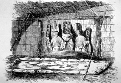 Wewnątrz chaty pogrzebowej, Tahiti, XVIII wiek autorstwa John Webber