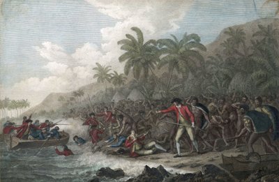Kapitan James Cook (1728-1779, brytyjski odkrywca) zabity przez hawajskich tubylców w zatoce Kealakekua na Wyspach Sandwich (Polinezja), w 1779 r. - Śmierć kapitana Jamesa Cooka 14 lutego autorstwa John Webber