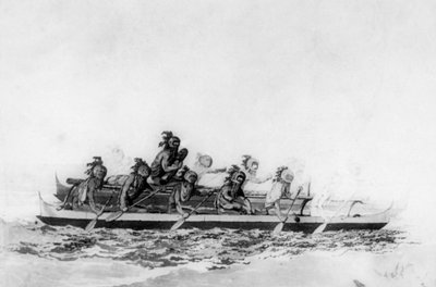Zamaskowani Hawajczycy w podwójnym czółnie, ok. 1770-1793. autorstwa John Webber