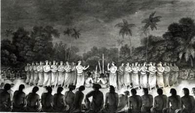 Rdzenni mieszkańcy przyjaznych wysp tańczą w Hapee, z „Trzeciego Atlasu Podróży Kapitana Jamesa Cooka (1728-79) 1777 autorstwa John Webber