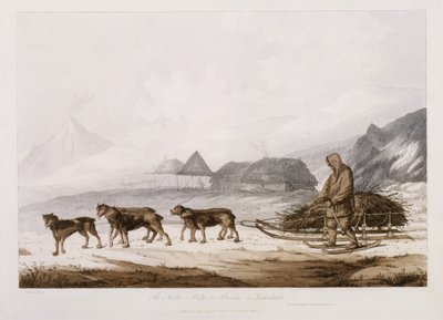 Narta, czyli sanki za ciężary na Kamczatce, z „Widoków na morzach południowych”, wyd. 1789 autorstwa John Webber