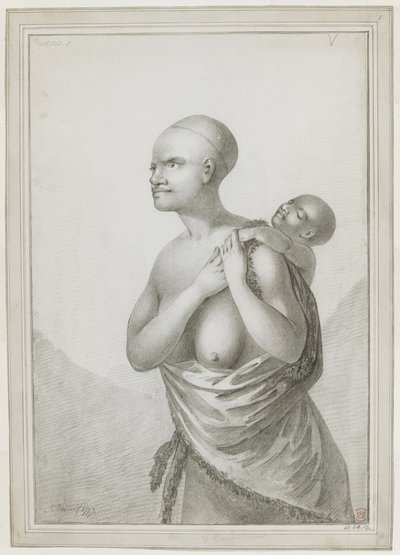 [Cały rysunek] Tasmańska kobieta niosąca dziecko na plecach, ze skórą przerzuconą przez lewe ramię w talii. Styczeń 1777 autorstwa John Webber