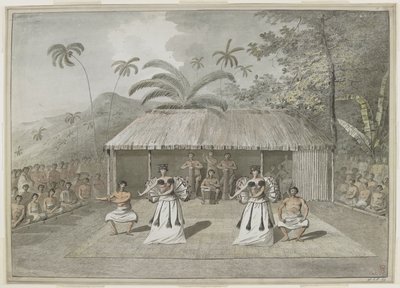 [Cały rysunek] Taniec lub heiva w Otaheite [Tahiti]. Dwóch mężczyzn i dwie kobiety tańczą, z perkusistami z tyłu i widzami po obu stronach. Wrzesień 1777 autorstwa John Webber