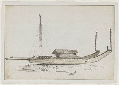 [Cały rysunek] Podwójne czółno podróżne z Otaheite [Tahiti], z wyszukanymi rzeźbami autorstwa John Webber