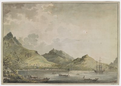 [Cały rysunek]. Widok na port Huahine [Fare Harbour]. ze szczytami gór, w tym górą Turi, w tle. W zatoce znajduje się „Resolution” i wiele rodzimych statków, a na brzegu grupa tubylców opiekuje się podwójnym kajakiem z pokładem autorstwa John Webber