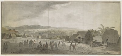 [Cały rysunek] Rysunek przedstawiający wizytę kapitana Cooka w wiosce Waimea, Atooi [Kauai], styczeń 1778. Niektórzy mężczyźni toczą beczki, inni wymieniają się z Hawajczykami. Po prawej stronie dwóch tubylców niosących świnię zawieszoną na słupie. Za nimi autorstwa John Webber