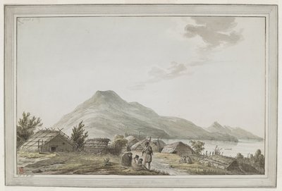 [Cały rysunek] Widok na Hippah, czyli ufortyfikowaną wioskę, w południowo-zachodnim punkcie Motuara w Queen Charlotte Sound. Widok na północ, z Motuarą w tle. Rysunek mógł być efektem wizyty kapitana Cooka 15 lutego 1777 r. Ma autorstwa John Webber
