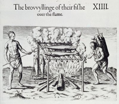 Gotowanie ryb, talerz z "A Brief and True Report of the New Found Land of Virginia" Thomasa Harriota (1560-1621), pub. 1590 autorstwa John White