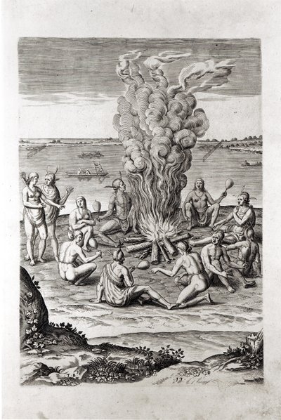 Indianie modlący się przy ognisku, rycina z dzieła Hariota "A Briefe and True Report of...Virginia", 1590, rytowany przez Theodora de Bry (1528-98) autorstwa John White