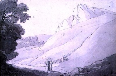 Pagórkowaty krajobraz z dwiema postaciami (pióro, tusz, akwarela) autorstwa John White Abbott