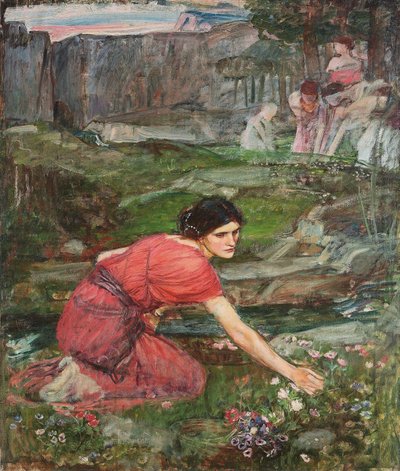 Studium: Panny zbierające kwiaty nad strumieniem, c. 1909-1914 autorstwa John William Waterhouse