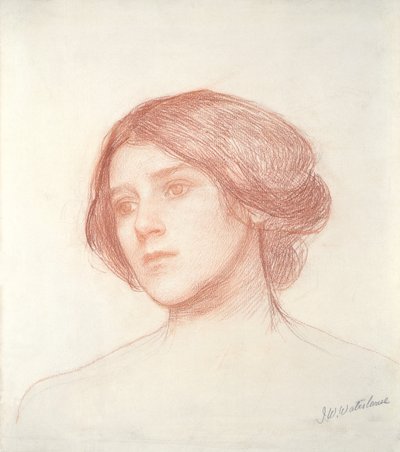 Głowa dziewczyny (czerwona kreda na papierze) autorstwa John William Waterhouse