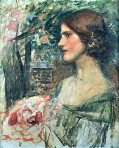Portret damy w zielonej sukni lub bukiet, ok. 1908 (olej na płótnie) autorstwa John William Waterhouse