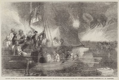 Kapitan Glasse i jego główny inżynier HMS Vulture nadzorują naprawy moździerzy podczas bombardowania Sveaborg autorstwa John Wilson Carmichael