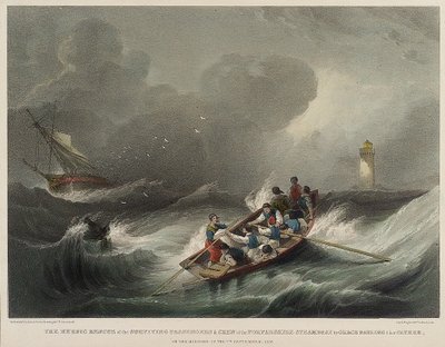 Bohaterskie uratowanie pasażerów i załogi parowca Forfarshire przez Grace Darling i jej ojca rankiem 7 września. autorstwa John Wilson Carmichael