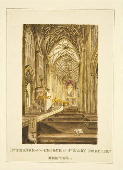 Widok na centralną aleję St Mary Redcliffe, patrząc na wschód, przedstawiający ołtarz Hogarth, ok. 1824 (ołówek i akwarela na papierze) autorstwa John Withers