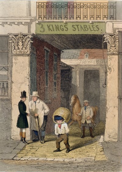 Pozostałości Clarendon House, Three Kings Livery Stables, Piccadilly, z "Vestiges of Old London", 1851 (akwaforta barwna) autorstwa John Wykeham Archer